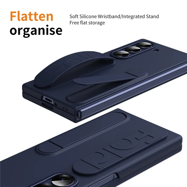 For Samsung Galaxy Z Fold5 5G Case Kickstand Wristband PC Phone Cover with Tempered Glass Film - Blue
