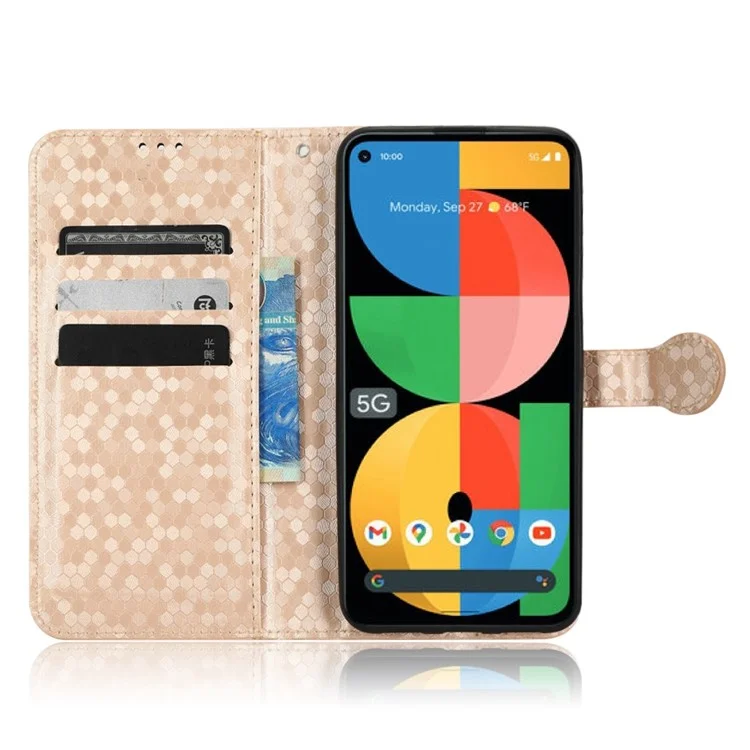 Para Google Pixel 5a 5G Patrón de Puntos Impreso Case de Cuero PU Flip Soport Cover Con Correa de Muñeca - Oro Rosa