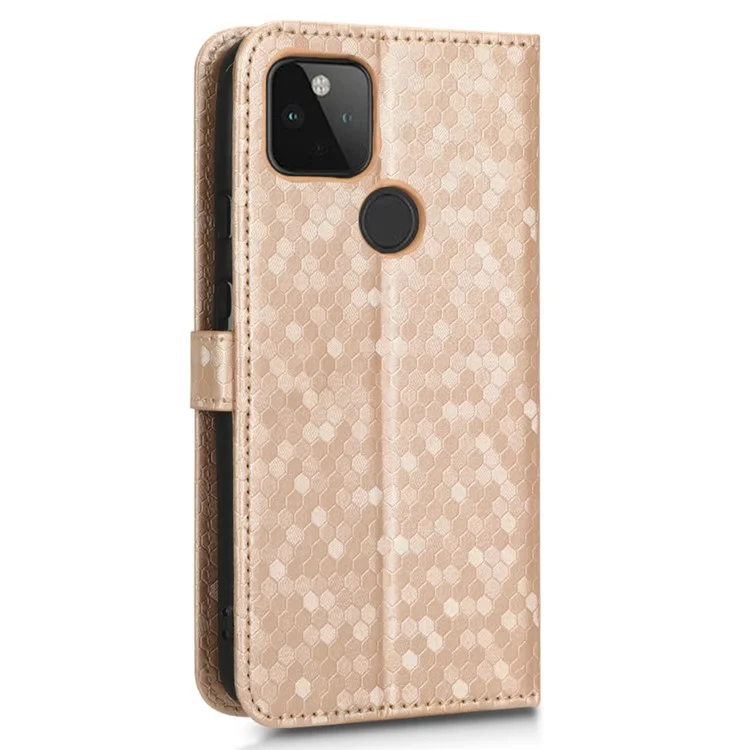 Para Google Pixel 5a 5G Patrón de Puntos Impreso Case de Cuero PU Flip Soport Cover Con Correa de Muñeca - Oro Rosa