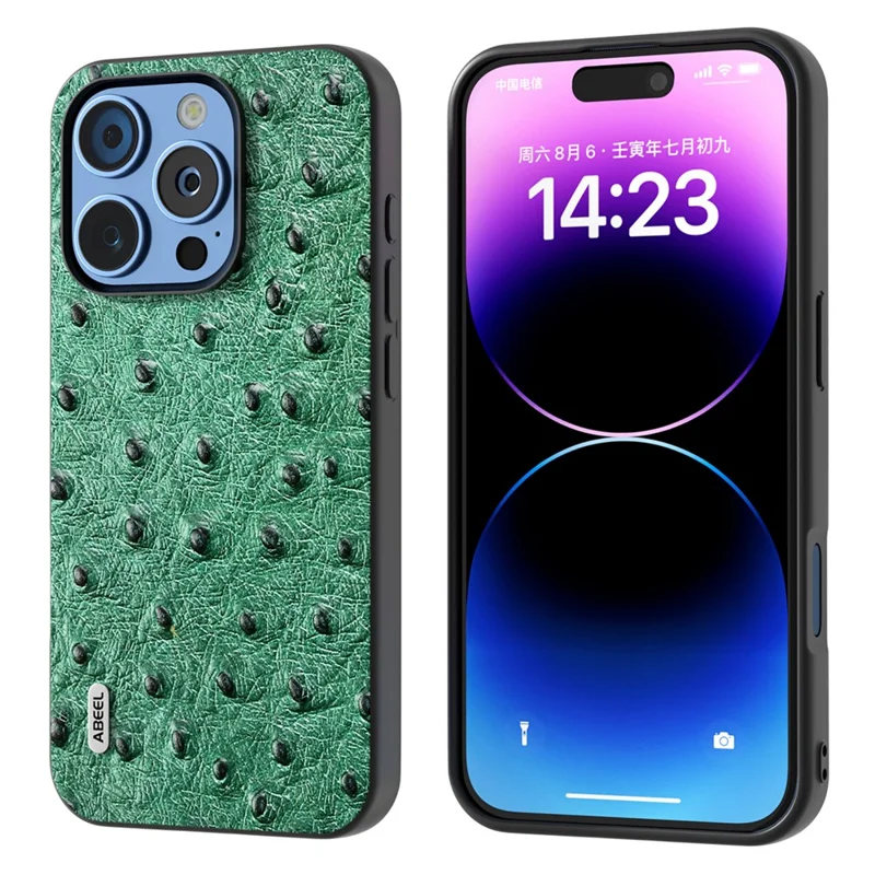 ABEEL For iPhone 16 Pro Max Case Ostrich Texture Genuine Cow Leather Back Phone Cover - Green