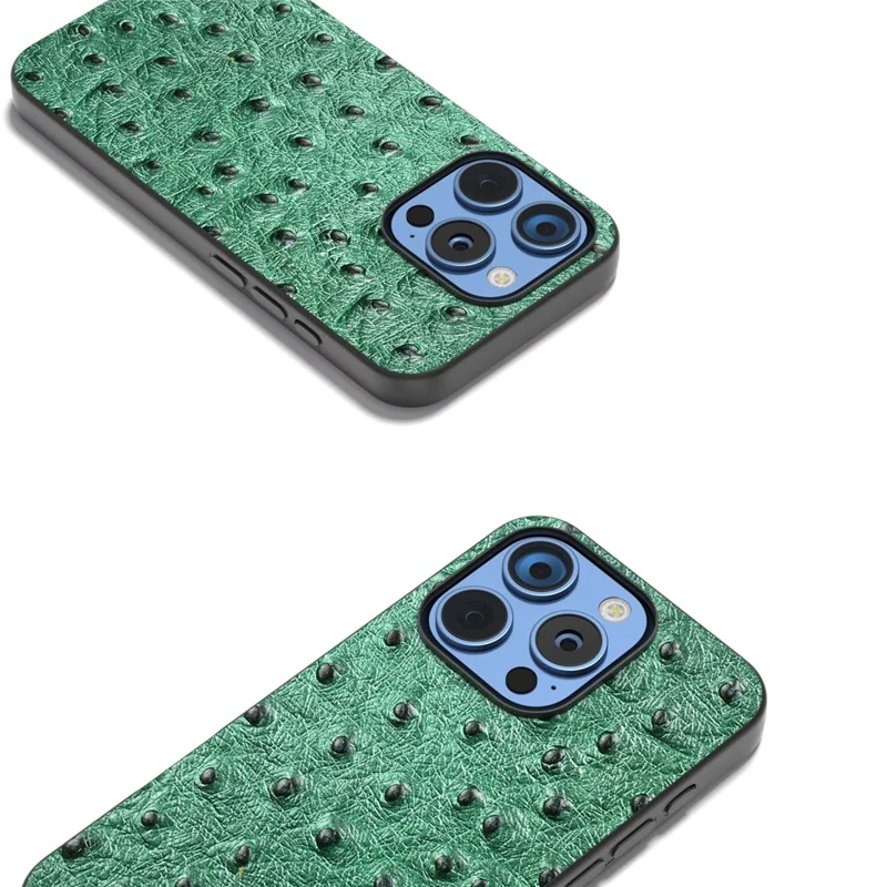 ABEEL For iPhone 16 Pro Max Case Ostrich Texture Genuine Cow Leather Back Phone Cover - Green