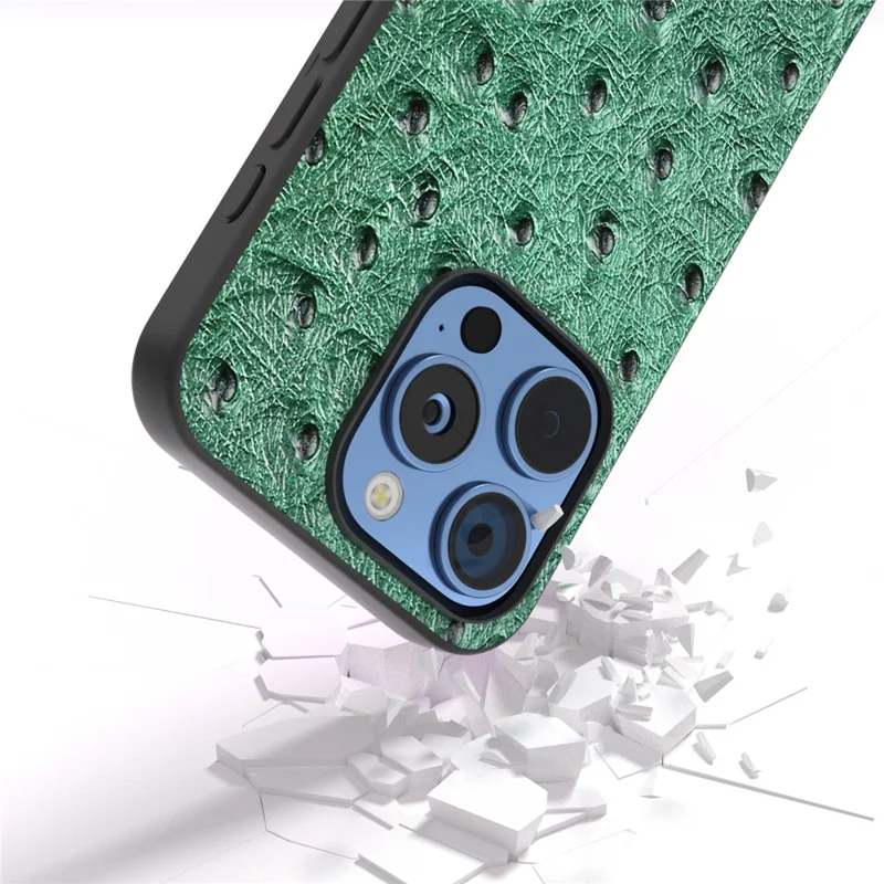 ABEEL For iPhone 16 Pro Max Case Ostrich Texture Genuine Cow Leather Back Phone Cover - Green