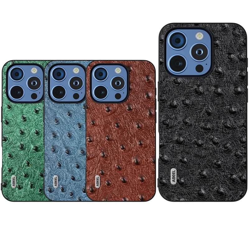 ABEEL For iPhone 16 Pro Max Case Ostrich Texture Genuine Cow Leather Back Phone Cover - Green