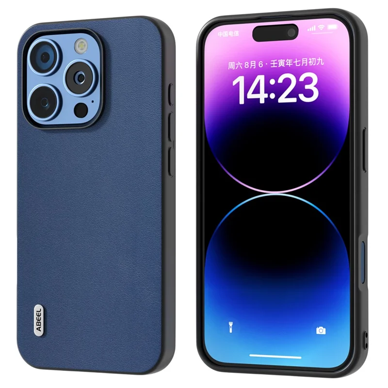 ABEEL For iPhone 16 Pro Case Genuine Cow Leather+PC+TPU Protective Phone Cover - Blue