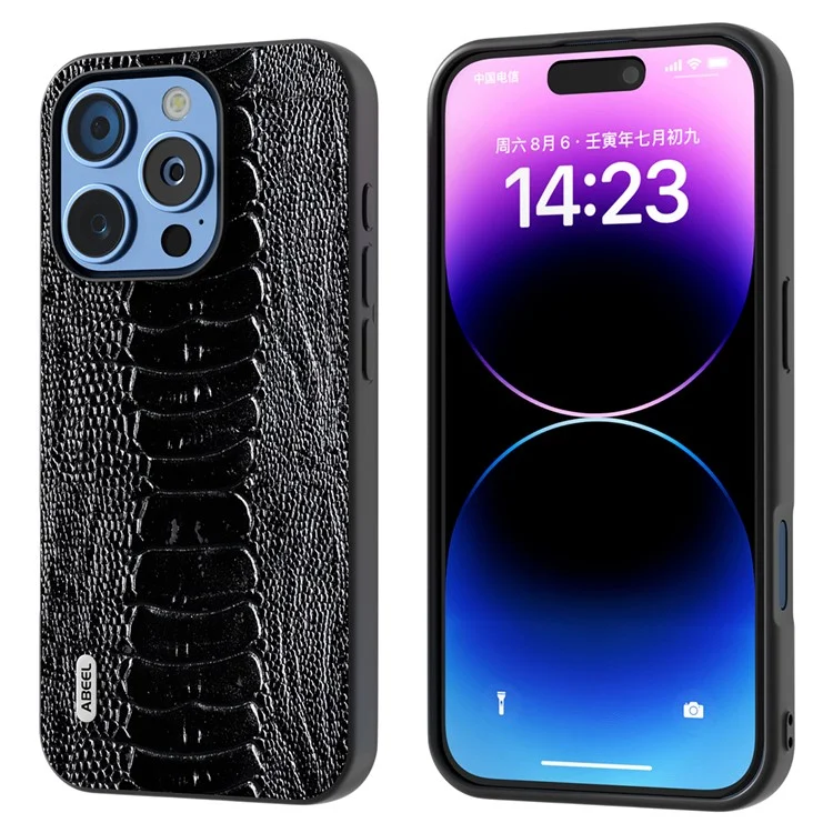 Abeel Para Iphone 16 Pro Case Crocodile Textura Cuero de Vaca Genuina+tpu+pc Teléfono - Negro
