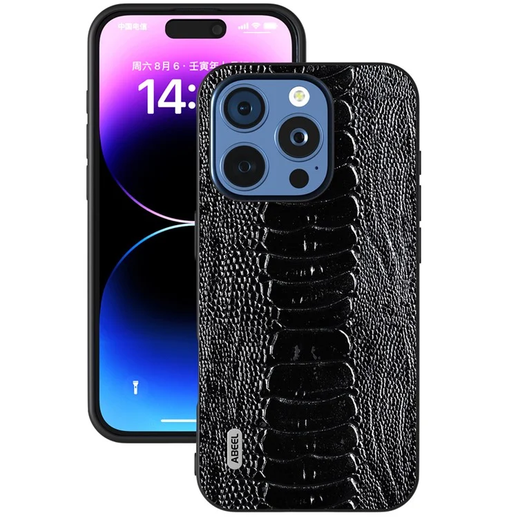 Abeel Para Iphone 16 Pro Case Crocodile Textura Cuero de Vaca Genuina+tpu+pc Teléfono - Negro