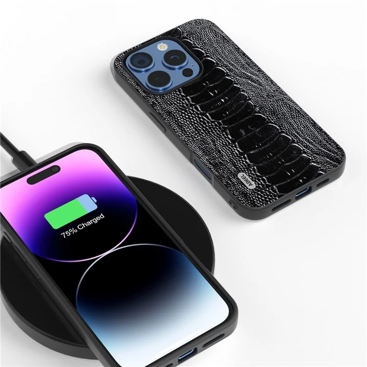 Abeel Para Iphone 16 Pro Case Crocodile Textura Cuero de Vaca Genuina+tpu+pc Teléfono - Negro