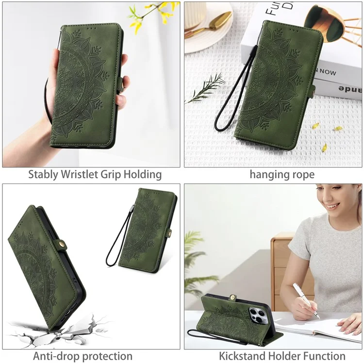 Style 016 Pour Iphone 14 Pro Case Skin Feel Totem Totem Wallet le Cuir de Téléphone Couverture - Vert Noirâtre