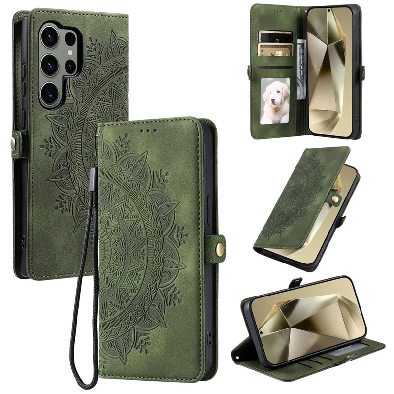 Style 016 Pour Samsung Galaxy S24 Ultra Case Skin Feel Totem Wallet en Cuir de Portefeuille Imprimé Couverture de Téléphone - Vert Noirâtre