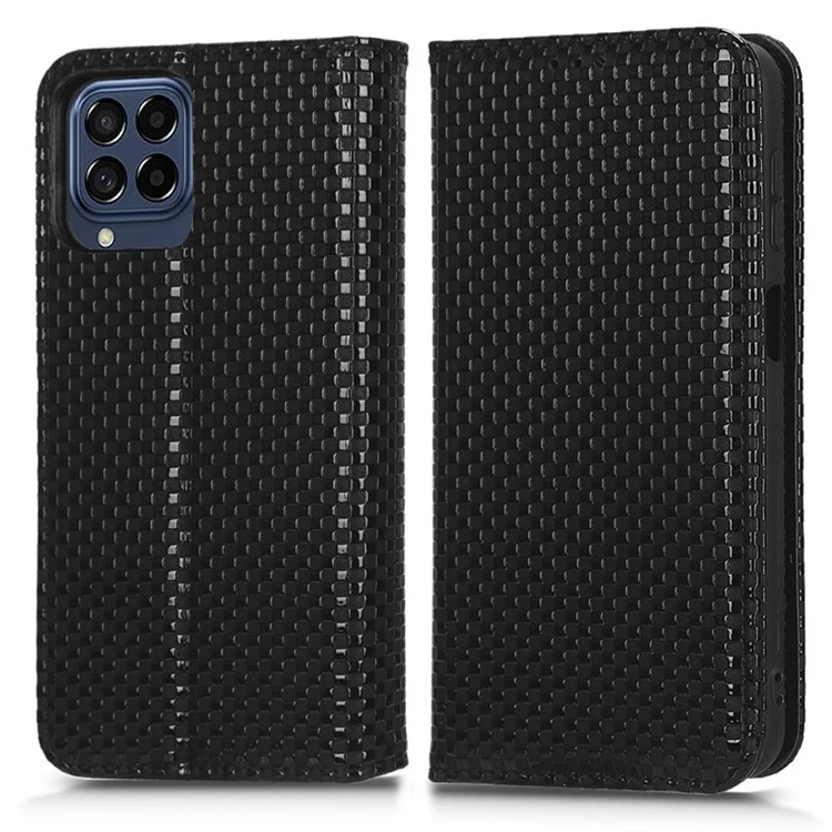 For Samsung Galaxy M53 5G PU Leather Wallet Case Magnetic Absorption Grid Texture Flip Folio Stand Phone Cover - Black