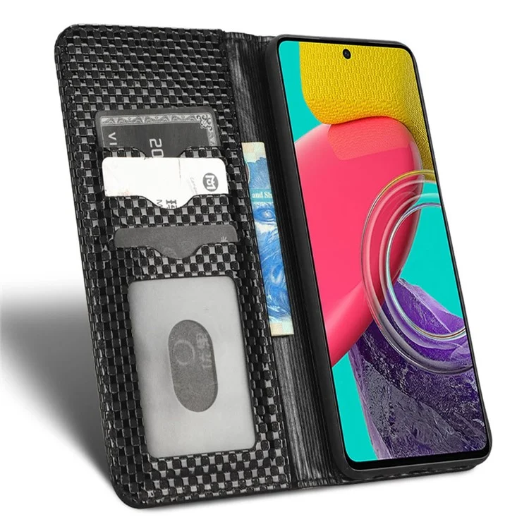 For Samsung Galaxy M53 5G PU Leather Wallet Case Magnetic Absorption Grid Texture Flip Folio Stand Phone Cover - Black