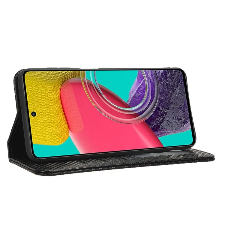 For Samsung Galaxy M53 5G PU Leather Wallet Case Magnetic Absorption Grid Texture Flip Folio Stand Phone Cover - Black