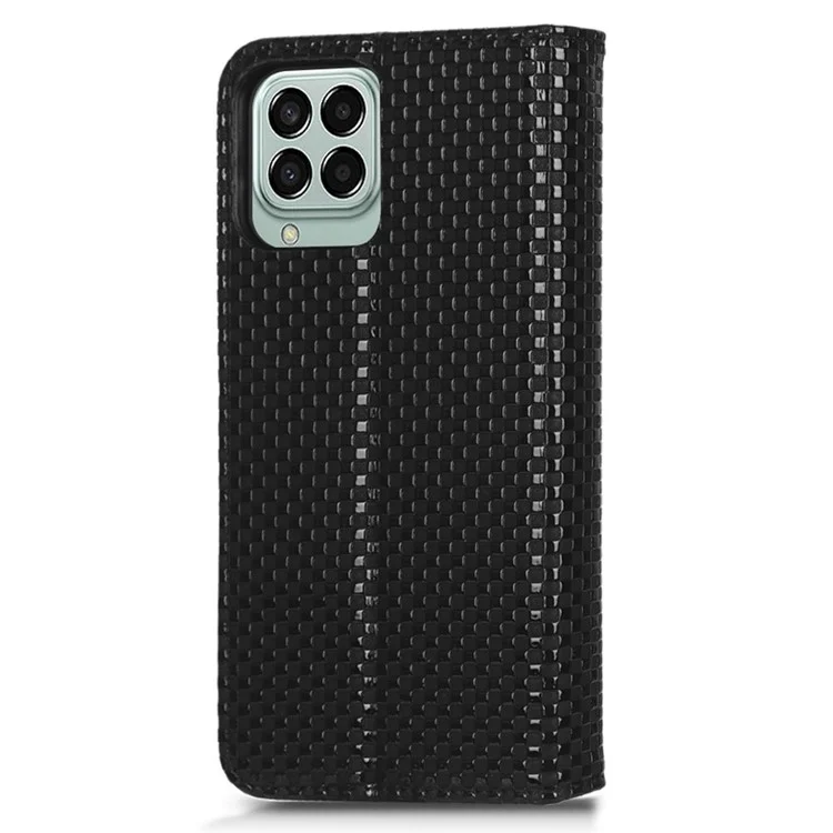 For Samsung Galaxy M53 5G PU Leather Wallet Case Magnetic Absorption Grid Texture Flip Folio Stand Phone Cover - Black