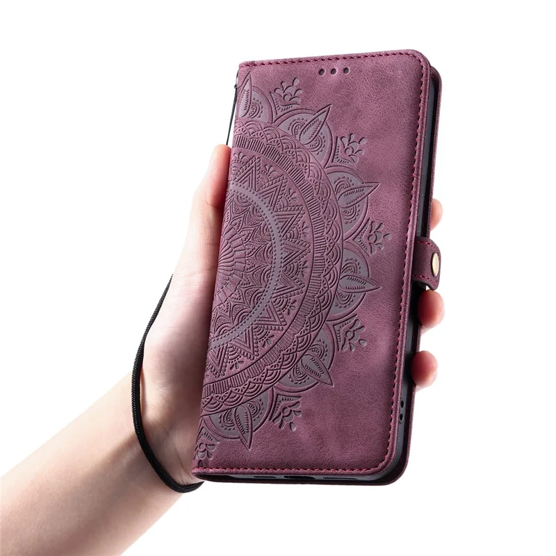 Estilo 016 Para Samsung Galaxy A25 5G (Global) (161.0 x 76.5 x 8.3mm) Case Skin Feel Totem Imprinted Wallet Leather Phone Cover - Vinho Tinto