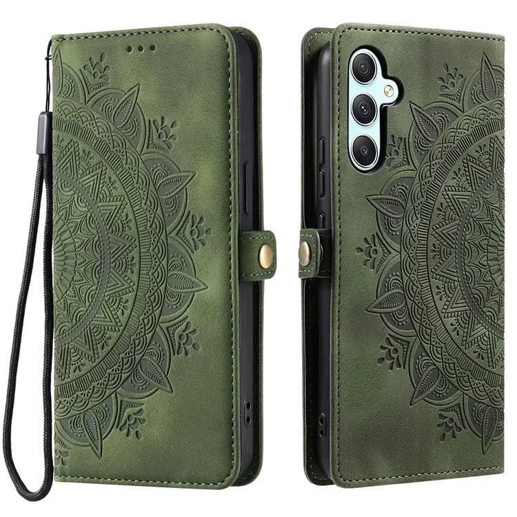 Estilo 016 Para Samsung Galaxy A14 4G / Case de 5 g de Piel Feel de Tótem Totem Impresión de la Billetera de Cuero Cubierta Del Teléfono - Verde Negruzco