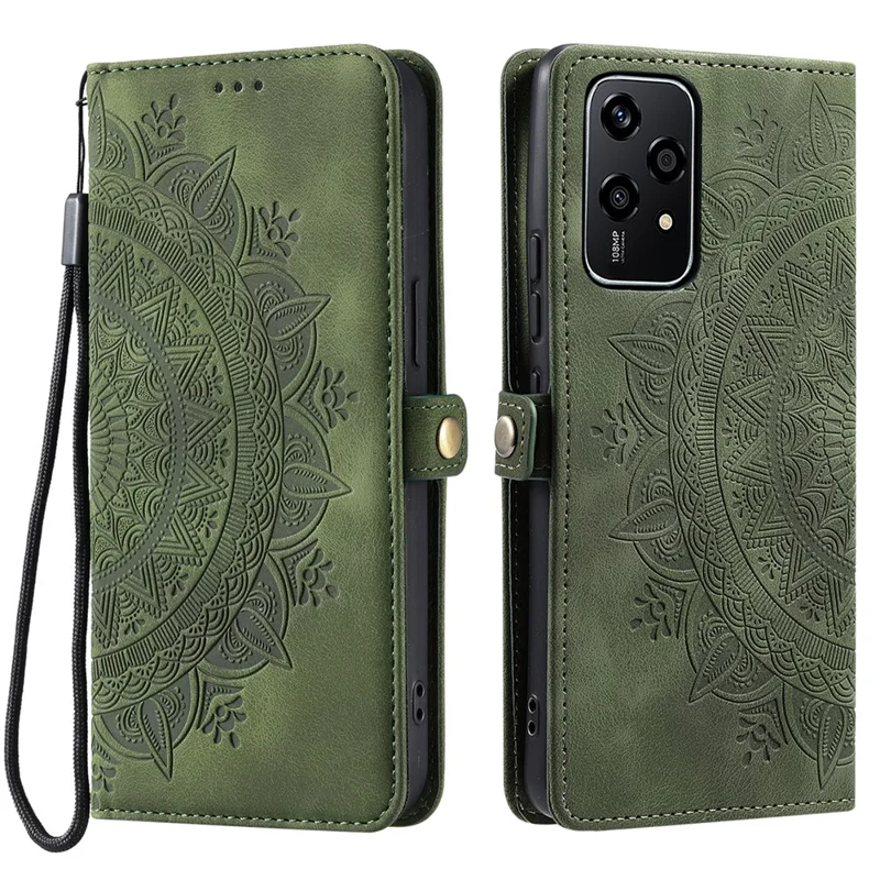 Style 016 For Honor 200 Lite Case Skin Feel Totem Imprinted Wallet Leather Phone Cover - Blackish Green