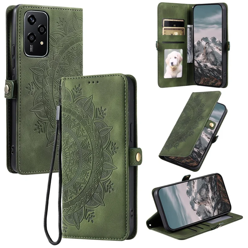 Style 016 For Honor 200 Lite Case Skin Feel Totem Imprinted Wallet Leather Phone Cover - Blackish Green
