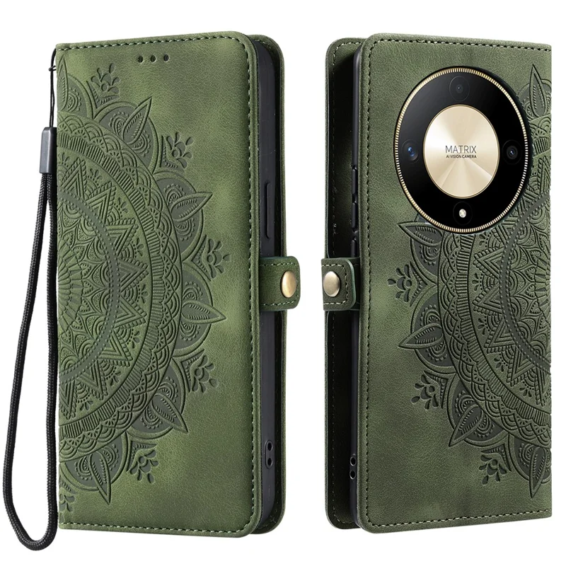 Style 016 For Honor Magic6 Lite 5G / X9b 5G / X50 5G Case Skin Feel Totem Imprinted Wallet Leather Phone Cover - Blackish Green