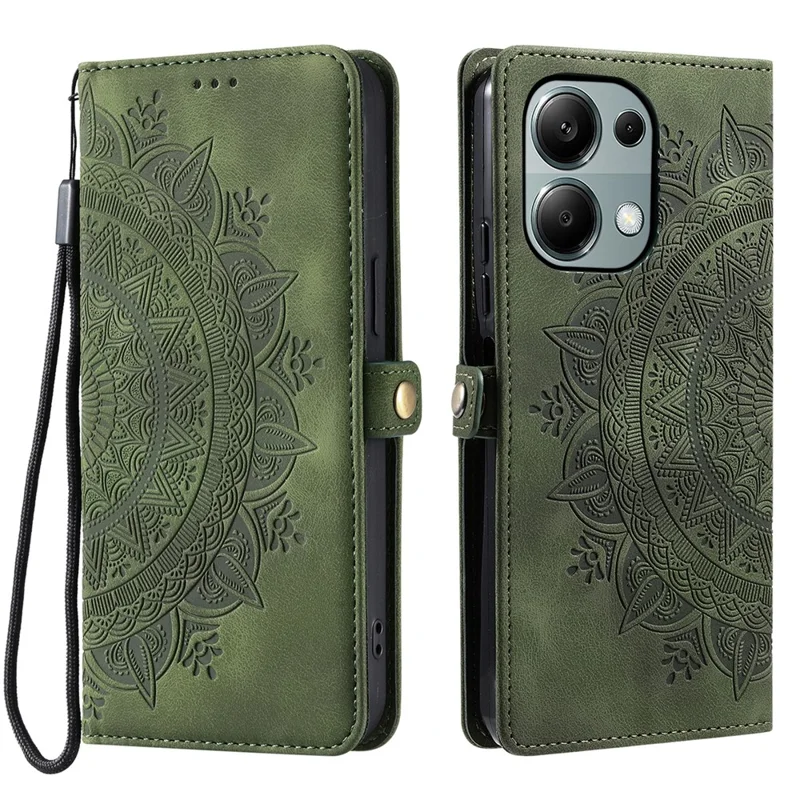 Estilo 016 Para Xiaomi Poco M6 Pro 4G / Redmi Note 13 Pro 4G Case Skin Feel Totem Impresión de la Billetera de Cuero Tapa Del Teléfono - Verde Negruzco