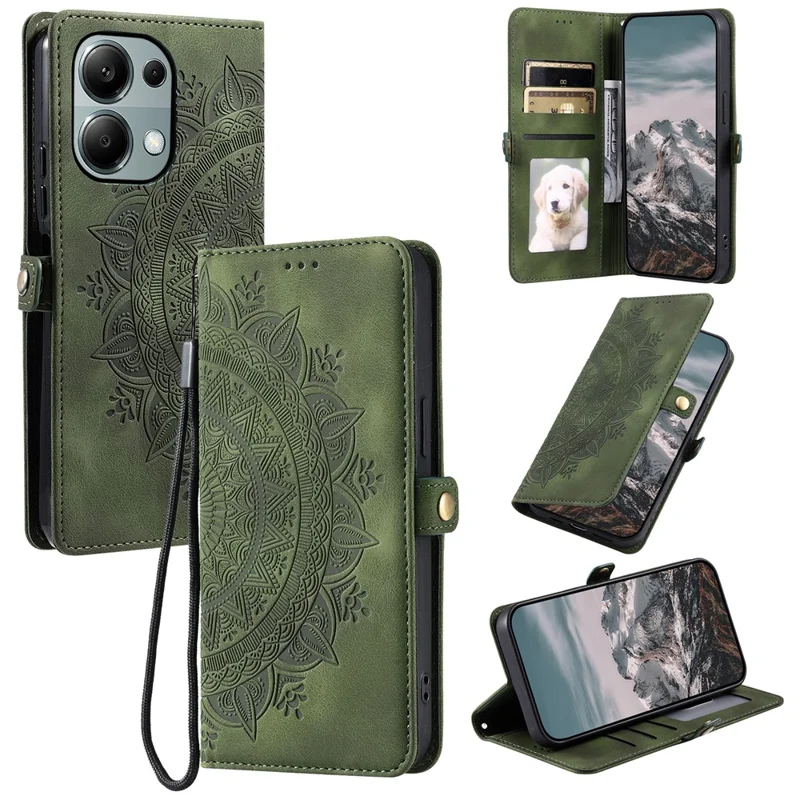 Estilo 016 Para Xiaomi Poco M6 Pro 4G / Redmi Note 13 Pro 4G Case Skin Feel Totem Impresión de la Billetera de Cuero Tapa Del Teléfono - Verde Negruzco