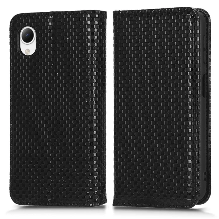 For Samsung Galaxy A23e Grid Texture PU Leather Flip Phone Case Magnetic Auto-absorbed Wallet Stand Anti-drop Protective Cover - Black