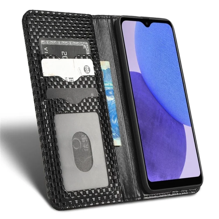 For Samsung Galaxy A23e Grid Texture PU Leather Flip Phone Case Magnetic Auto-absorbed Wallet Stand Anti-drop Protective Cover - Black