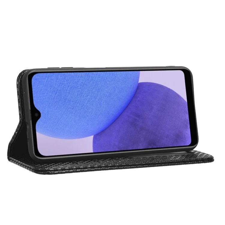 For Samsung Galaxy A23e Grid Texture PU Leather Flip Phone Case Magnetic Auto-absorbed Wallet Stand Anti-drop Protective Cover - Black