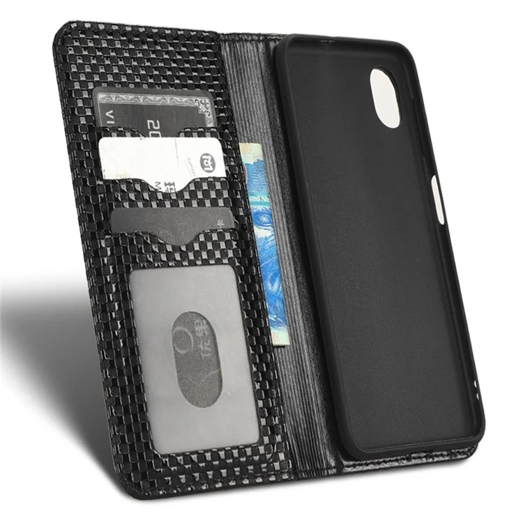 For Samsung Galaxy A23e Grid Texture PU Leather Flip Phone Case Magnetic Auto-absorbed Wallet Stand Anti-drop Protective Cover - Black