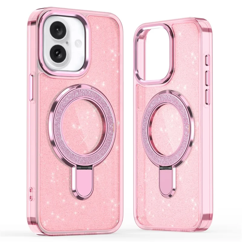 For iPhone 16 Plus Case Glitter Design TPU+PC Kickstand Phone Protector - Pink