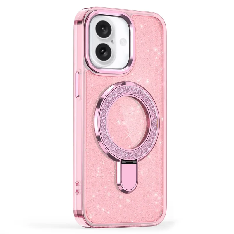 For iPhone 16 Plus Case Glitter Design TPU+PC Kickstand Phone Protector - Pink