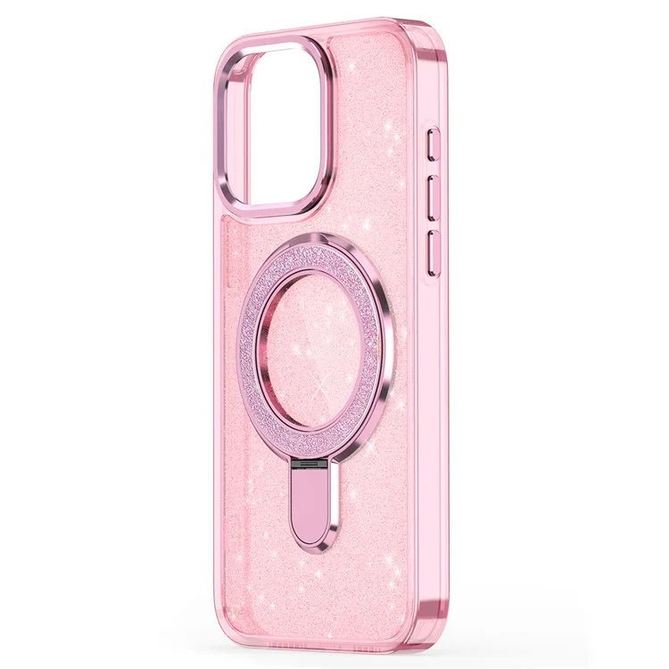 For iPhone 16 Case Glitter Design TPU+PC Kickstand Phone Protector - Pink
