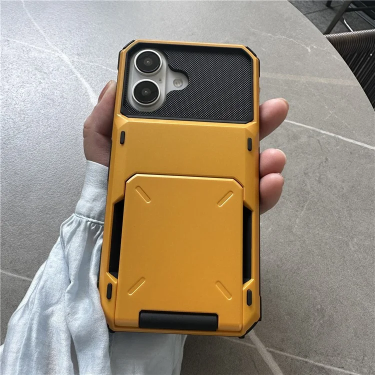 For iPhone 16 Plus Case PC+TPU Dual Layer Back Phone Cover with Card Holder - Yellow