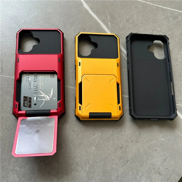 For iPhone 16 Plus Case PC+TPU Dual Layer Back Phone Cover with Card Holder - Yellow