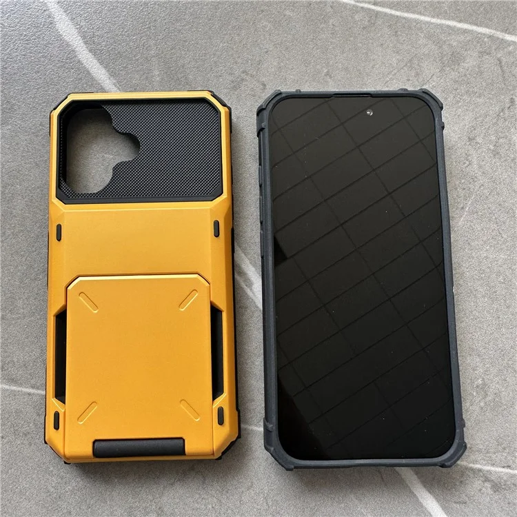 For iPhone 16 Plus Case PC+TPU Dual Layer Back Phone Cover with Card Holder - Yellow
