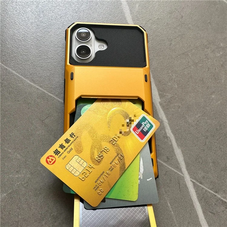 For iPhone 16 Plus Case PC+TPU Dual Layer Back Phone Cover with Card Holder - Yellow