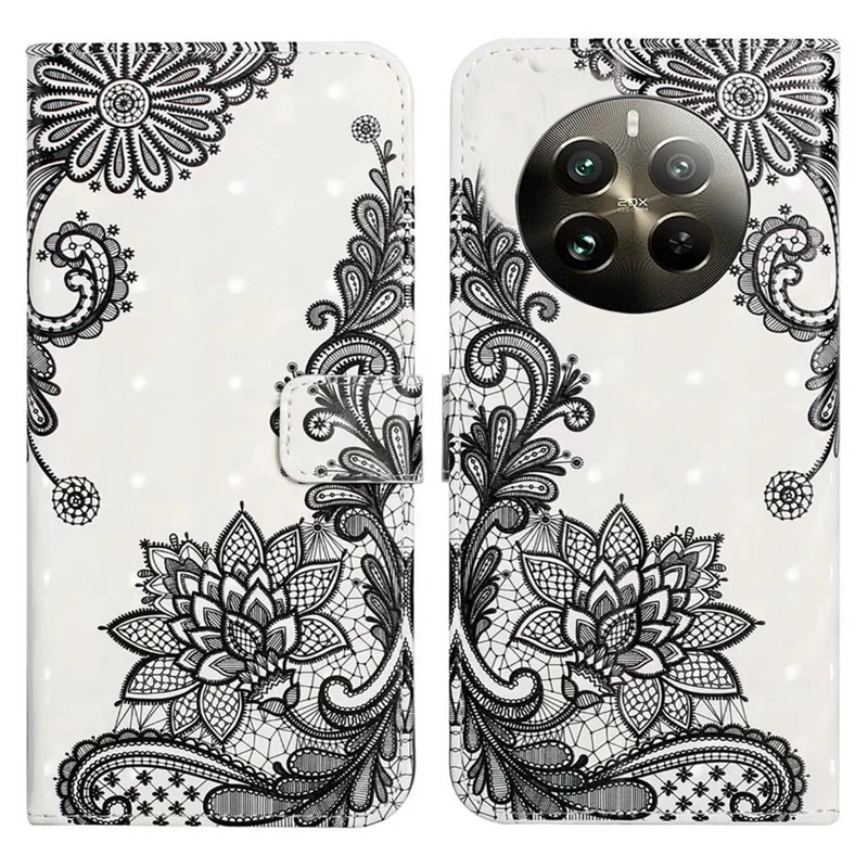 For Realme 12 4G / 12+ 5G Case 3D Creative Pattern PU Leather Stand Phone Cover - Lace Flower