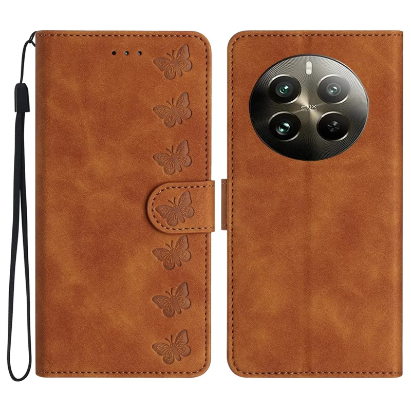 For Realme 12 4G / 12+ 5G Case Imprinted Butterfly Leather Wallet Phone Cover - Brown