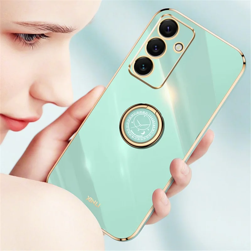 XINLI For Samsung Galaxy S24 FE Case Ring Kickstand Electroplating TPU Phone Cover - Cyan