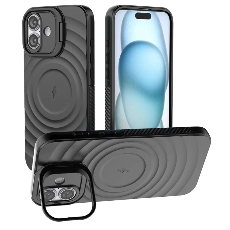 For iPhone 16 Plus Magnetic Case PC Kickstand Ripple Texture TPU Phone Cover - Black