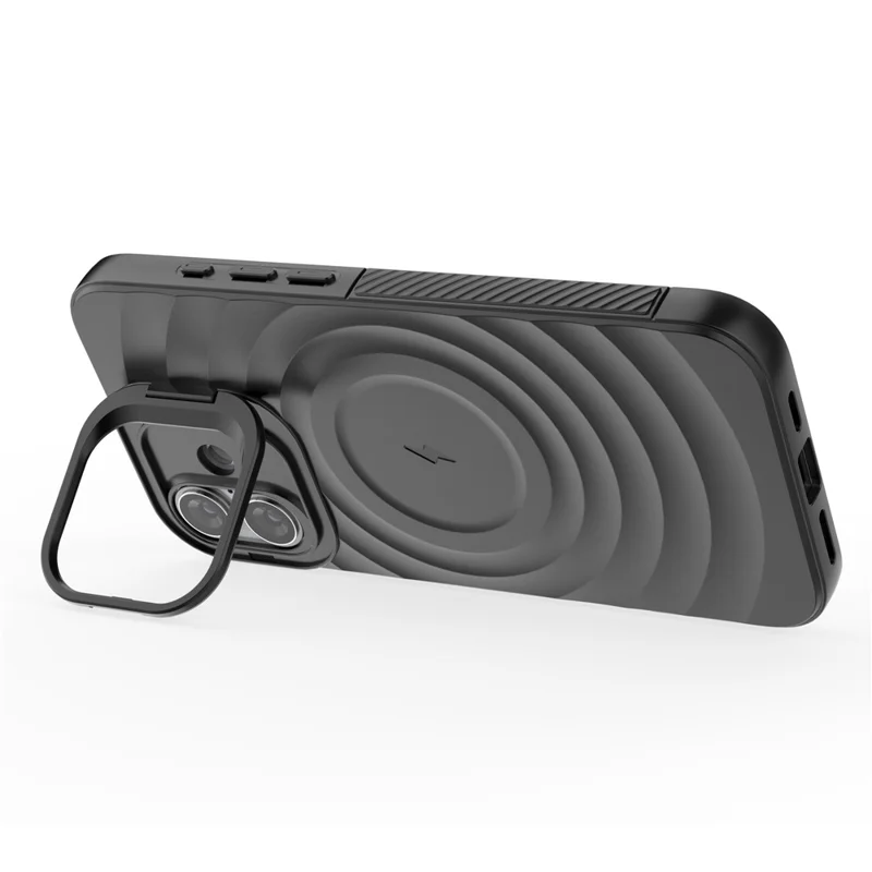 For iPhone 16 Plus Magnetic Case PC Kickstand Ripple Texture TPU Phone Cover - Black