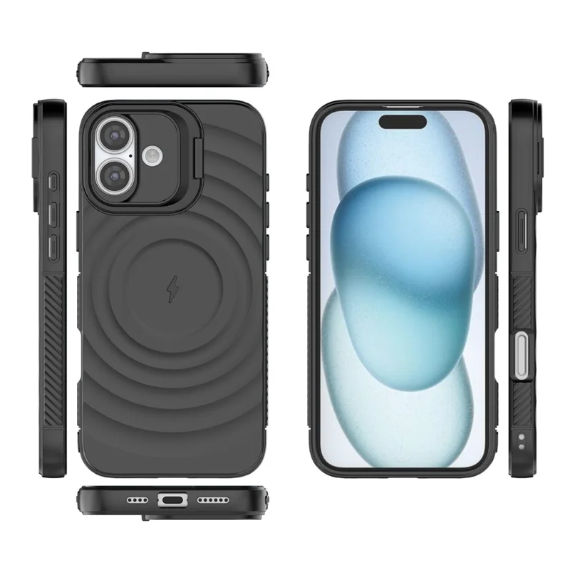 For iPhone 16 Plus Magnetic Case PC Kickstand Ripple Texture TPU Phone Cover - Black