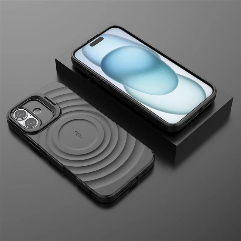 For iPhone 16 Plus Magnetic Case PC Kickstand Ripple Texture TPU Phone Cover - Black