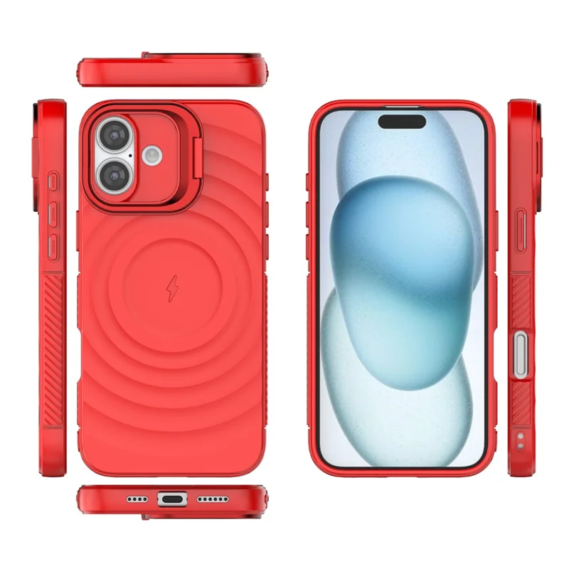 For iPhone 16 Plus Magnetic Case PC Kickstand Ripple Texture TPU Phone Cover - Red