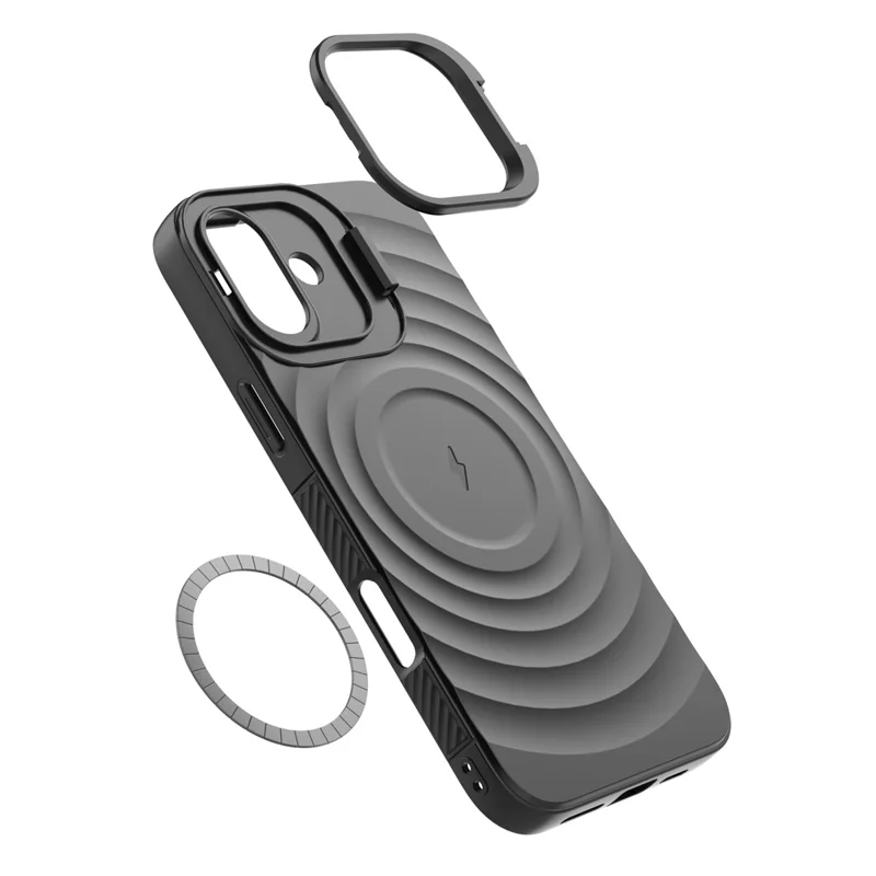 For iPhone 16 Plus Magnetic Case PC Kickstand Ripple Texture TPU Phone Cover - Red