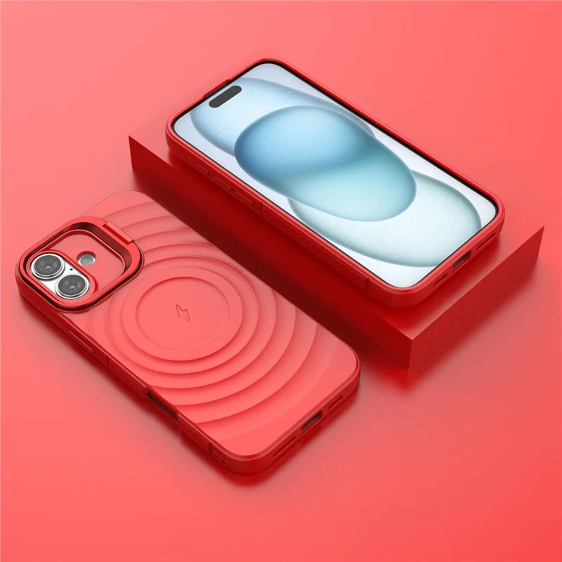 For iPhone 16 Plus Magnetic Case PC Kickstand Ripple Texture TPU Phone Cover - Red