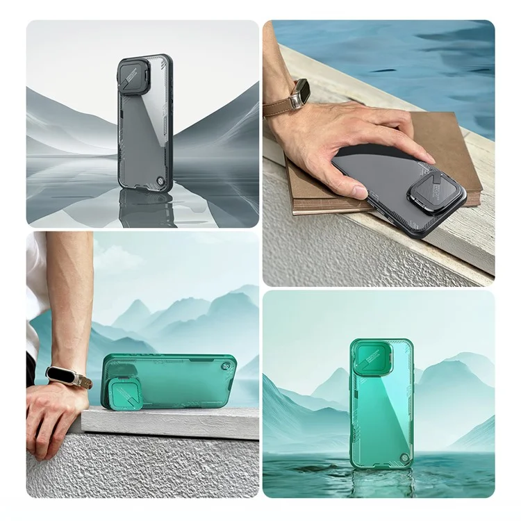 NILLKIN Iceblade Prop for iPhone 16 Pro Max Case PC+TPU Phone Shell with Lens Cover Kickstand - Green