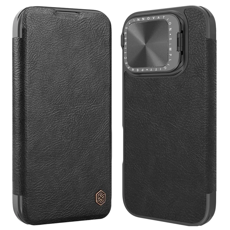 NILLKIN Qin Prop Series for iPhone 16 Pro Leather Case Lens Kickstand Phone Cover - Black