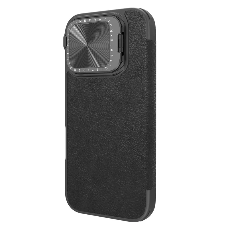 NILLKIN Qin Prop Series for iPhone 16 Pro Leather Case Lens Kickstand Phone Cover - Black