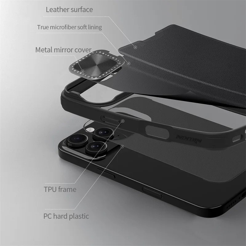 NILLKIN Qin Prop Series for iPhone 16 Pro Leather Case Lens Kickstand Phone Cover - Black