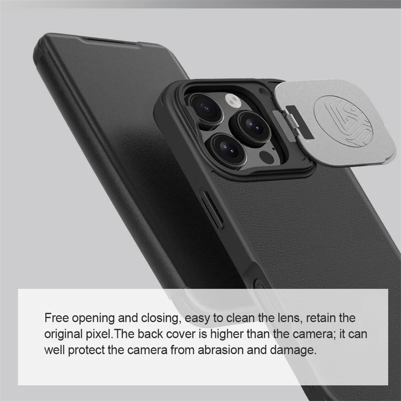 NILLKIN Qin Prop Series for iPhone 16 Pro Leather Case Lens Kickstand Phone Cover - Black